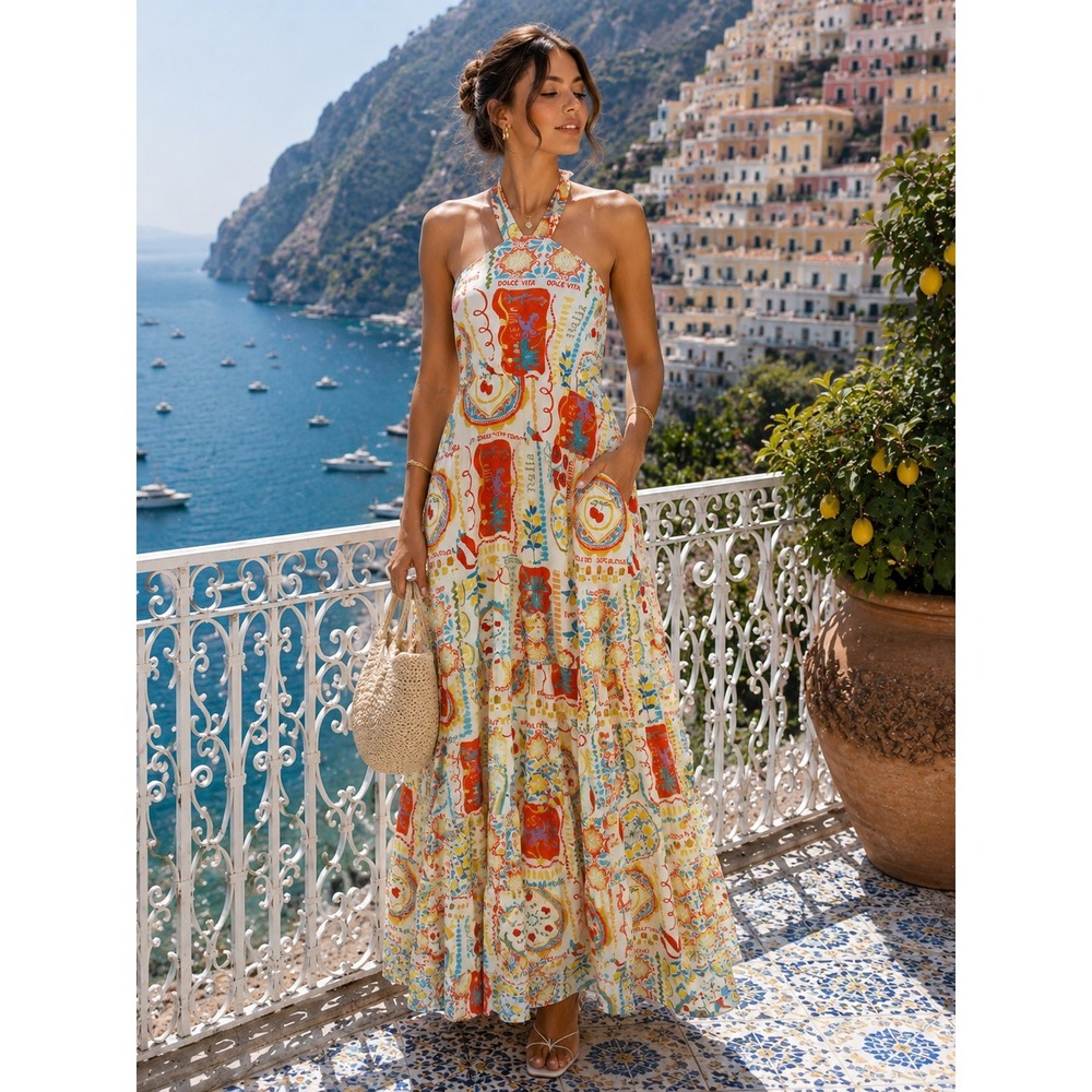 Petal + Pup Dolce Vita Halter Maxi Dress Italia Print Open Back Pockets US 10